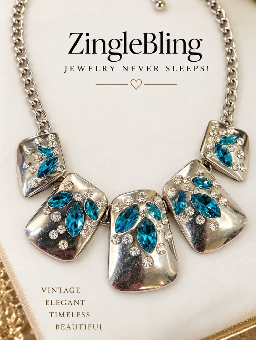 Silver Tone Teal Blue Glass Rhinestone Statement Necklace 16 In.+ 2 In. Ext.